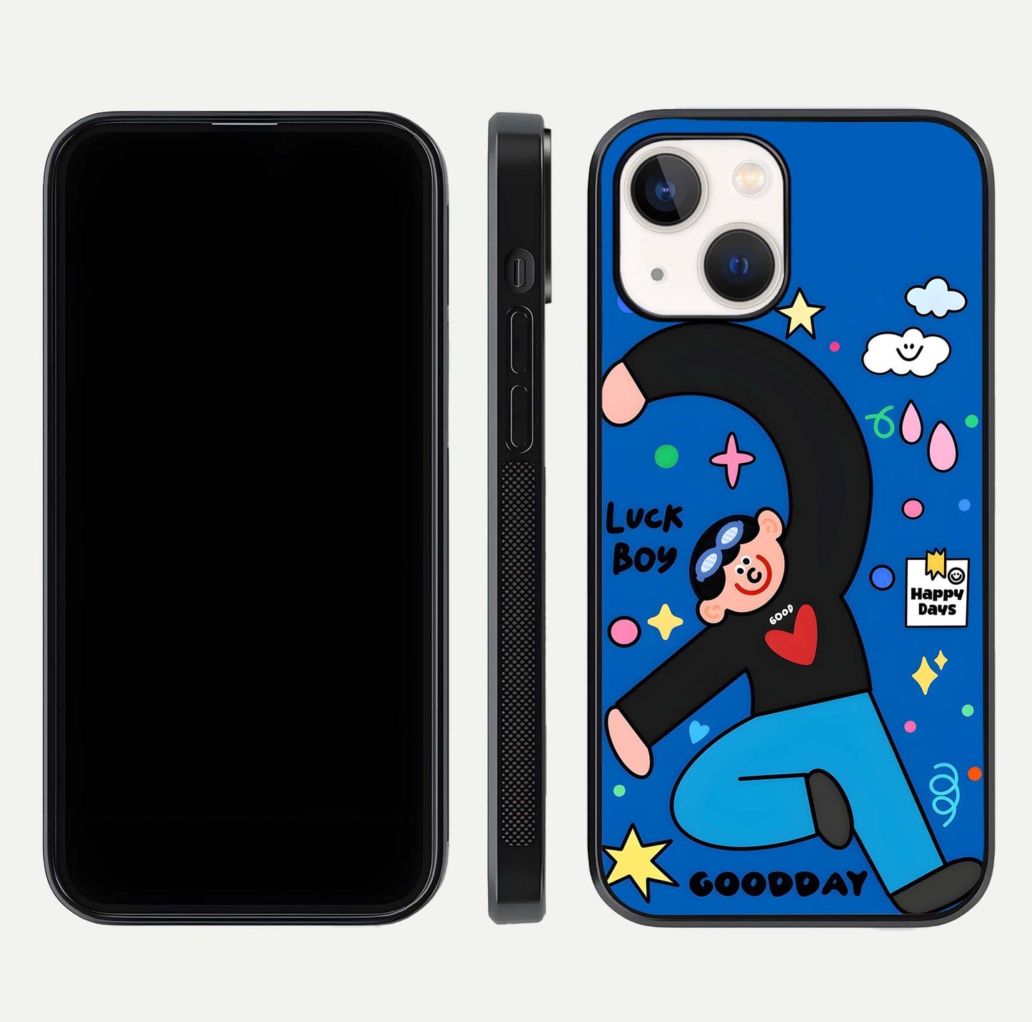 Happy Luck Vibe Glass Case for iPhone 14 front and back view layout highlighting positive motif and curved edges