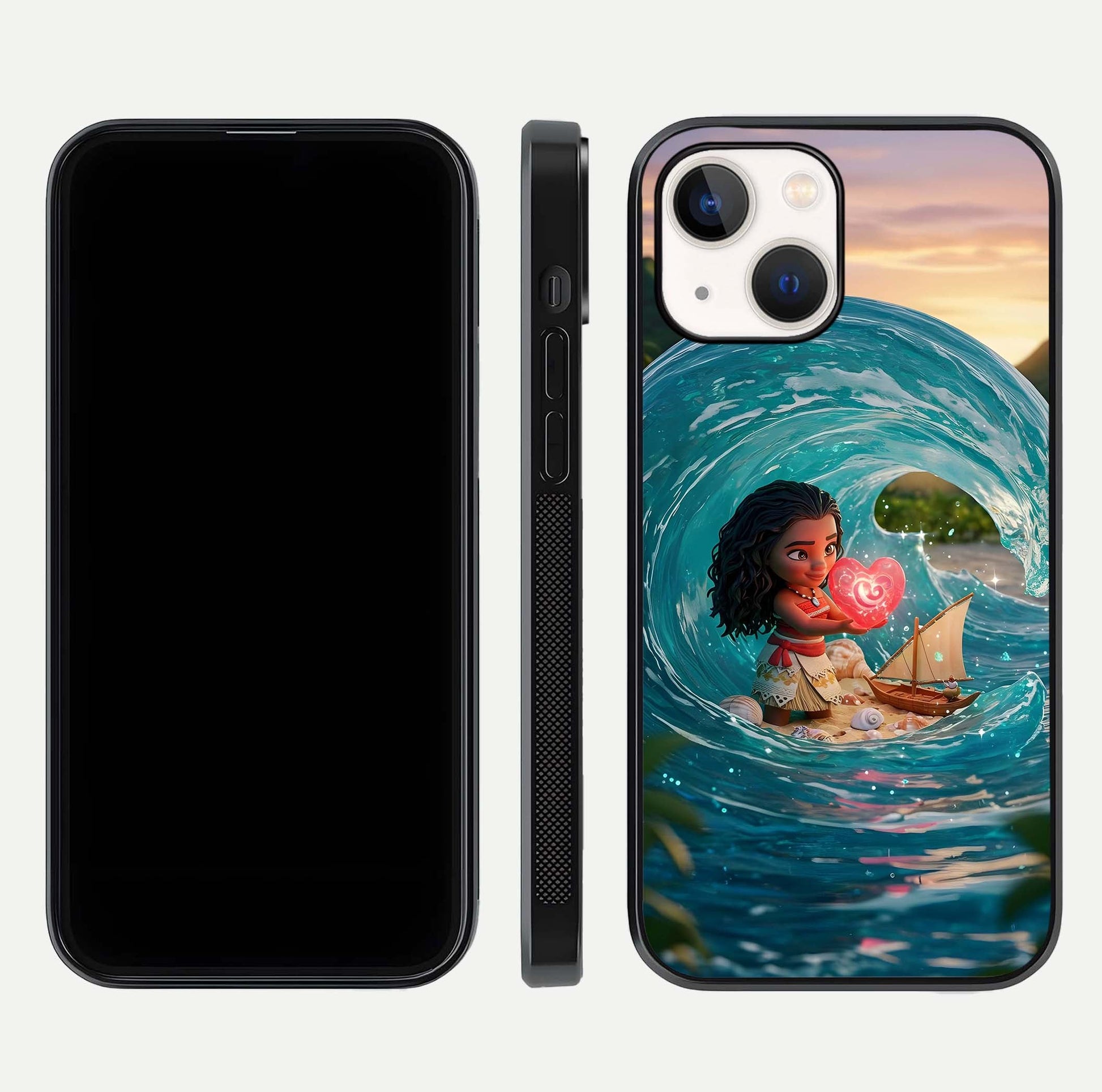 Heart of Ocean Glass Case for iPhone 14 front and back view layout highlighting sea-themed art and curved glass edges