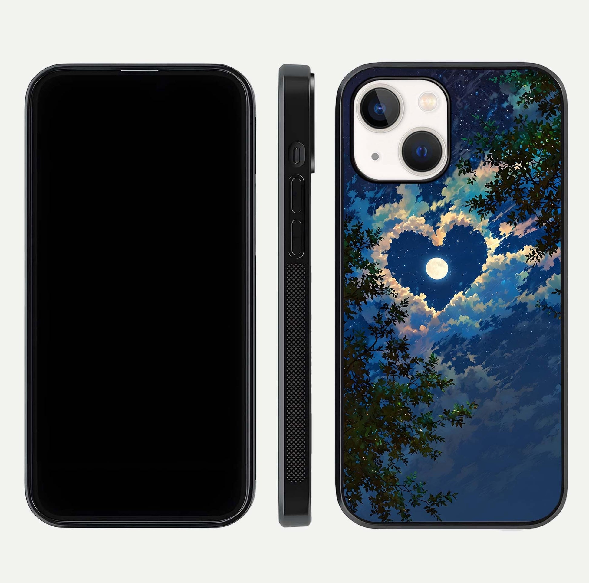 Heart with Moon Sky Glass Case for iPhone 14 front and back view layout displaying celestial tones and curved glass