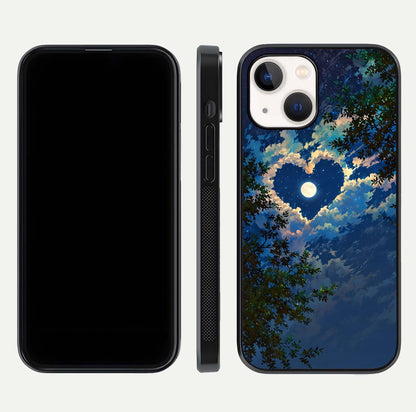 Heart with Moon Sky Glass Case for iPhone 14 front and back view layout displaying celestial tones and curved glass