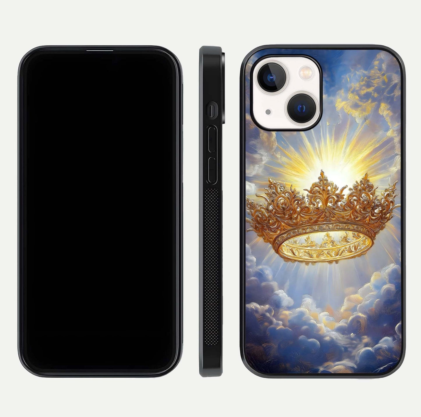 Heavenly Crown Light Glass Case for iPhone 14 front and back view layout highlighting golden aura tones and curved glass edges