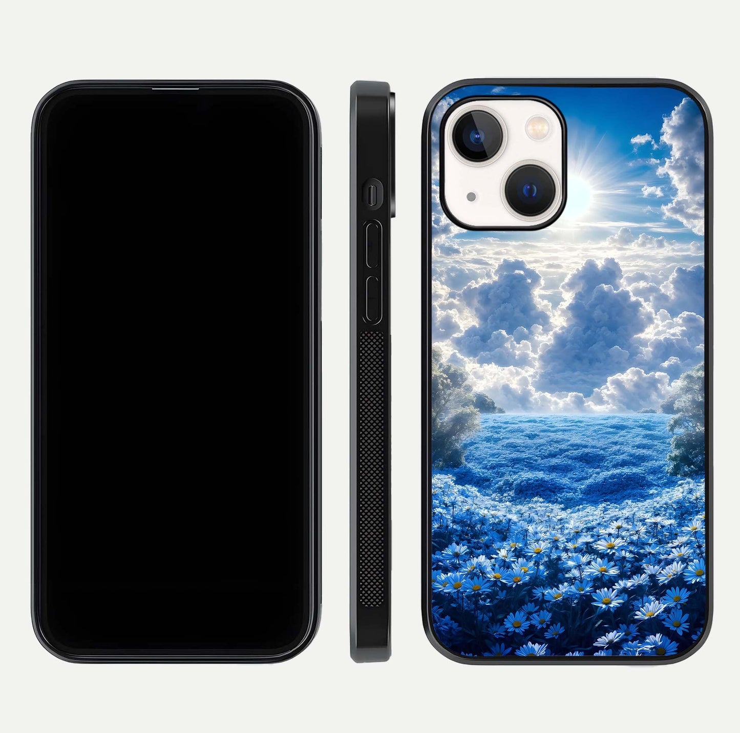 Heavenly Daisy Horizon Glass Case for iPhone 14 front and back view layout highlighting floral field tones and curved edges