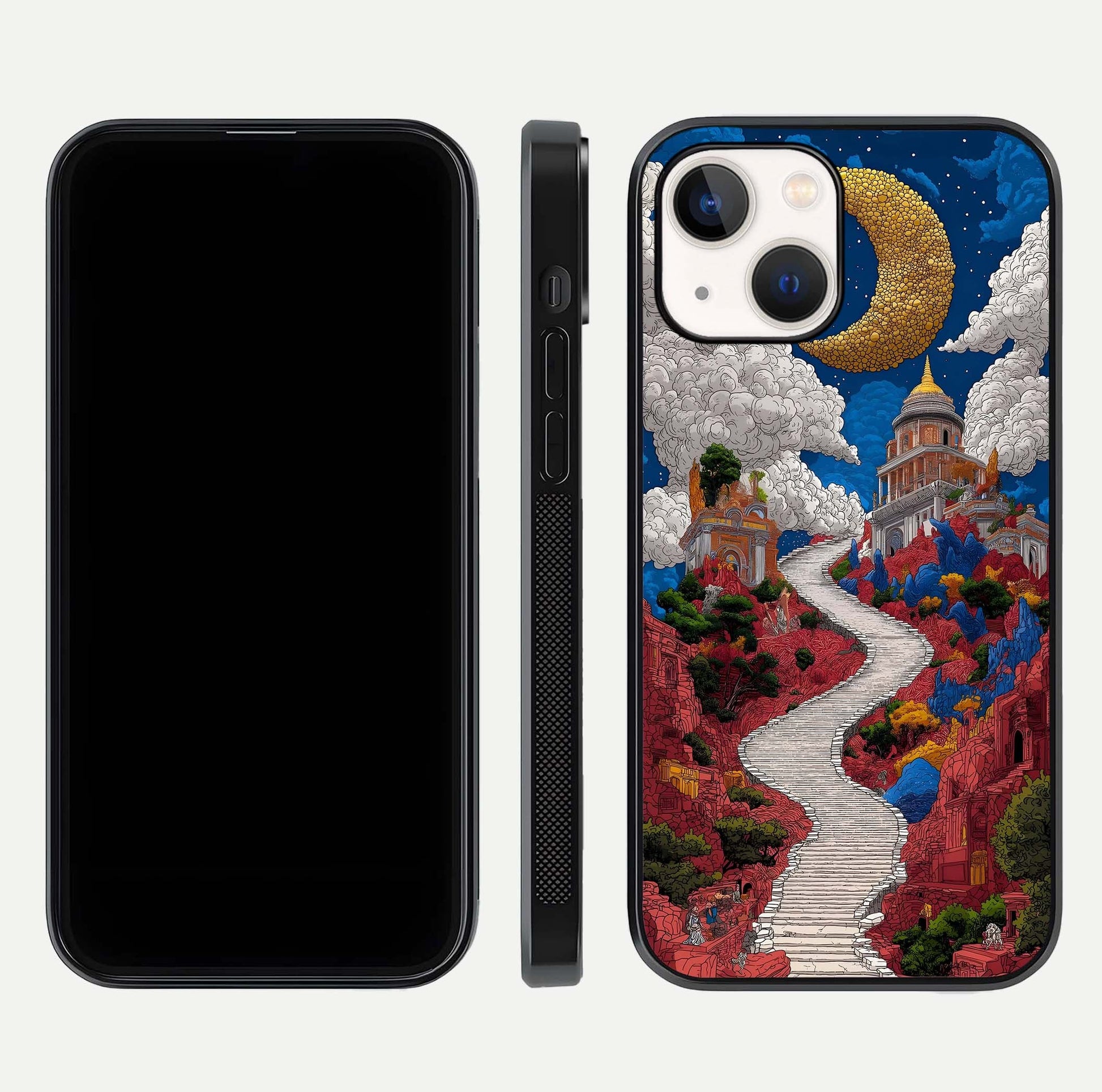 Heavenly Moon Path Glass Case for iPhone 14 front and back view layout displaying night sky tones and curved glass edges