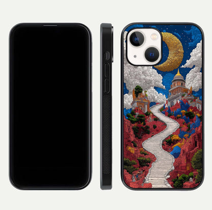 Heavenly Moon Path Glass Case for iPhone 14 front and back view layout displaying night sky tones and curved glass edges
