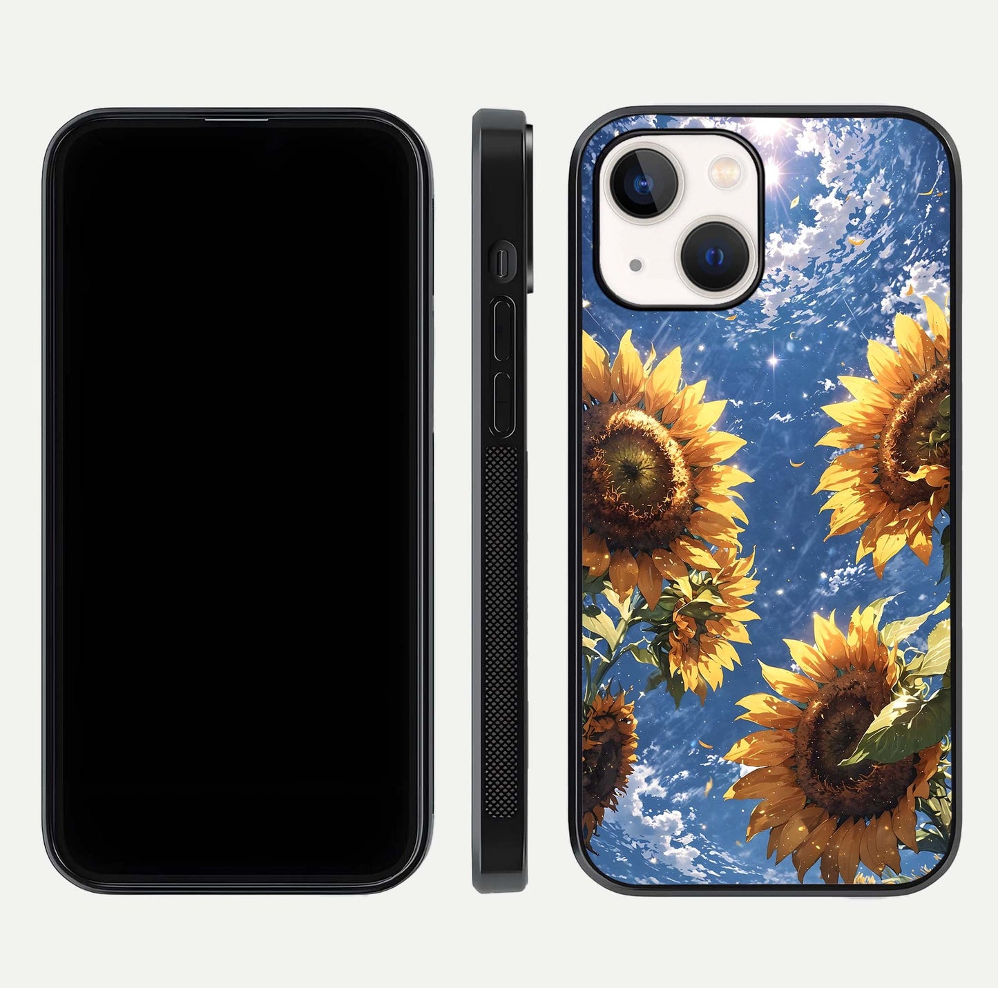 Heavenly Sunflower Rise Glass Case for iPhone 14 front and back view layout highlighting golden floral tones and curved edges
