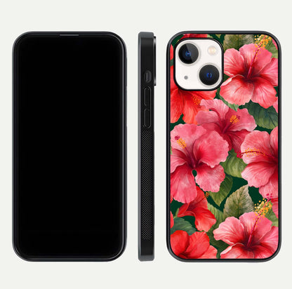 Hibiscus Pattern Glass Case for iPhone 14 front and back view layout highlighting tropical design and curved glass edges