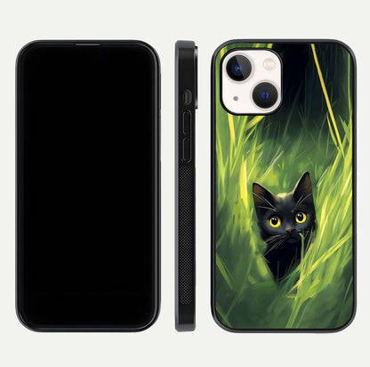 Hidden Cat Whisper Glass Case for iPhone 14 front and back view layout highlighting minimalist art and curved edges