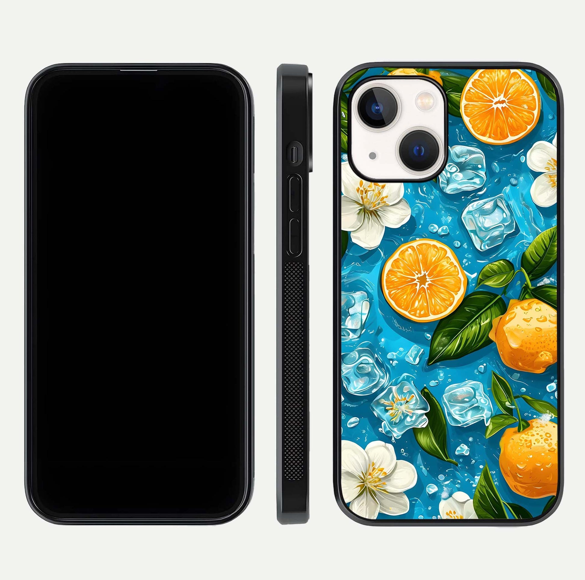 Ice Cube With Orange Glass Case for iPhone 14 front and back view layout highlighting fresh orange tones and curved edges