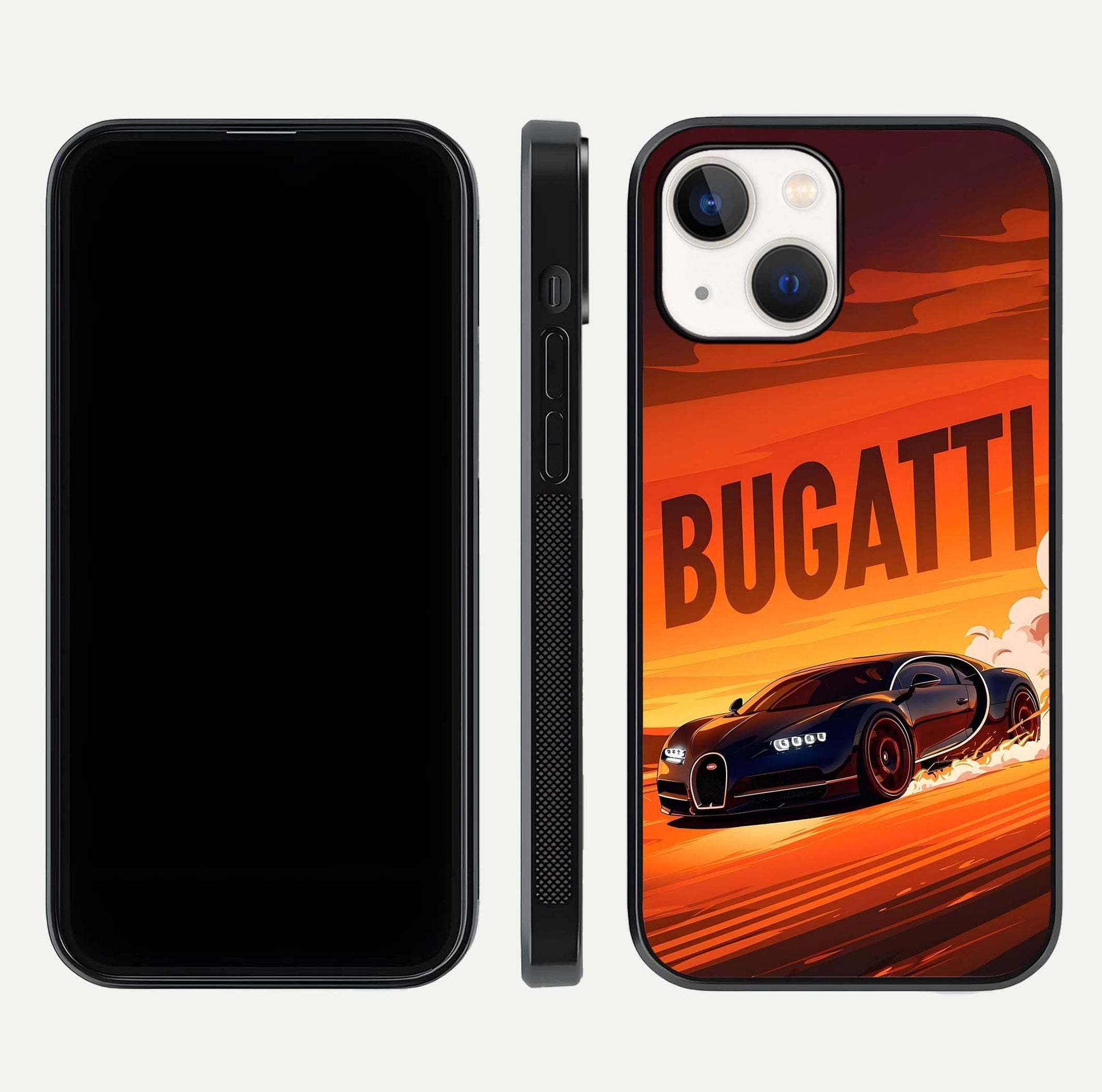 Inferno Bugatti Storm Glass Case for iPhone 14 front and back view layout highlighting car silhouette and curved glass edge