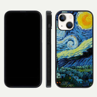 Inspired Van Gogh Art Glass Case for iPhone 14 front and back view layout displaying vivid color tones and curved glass edges
