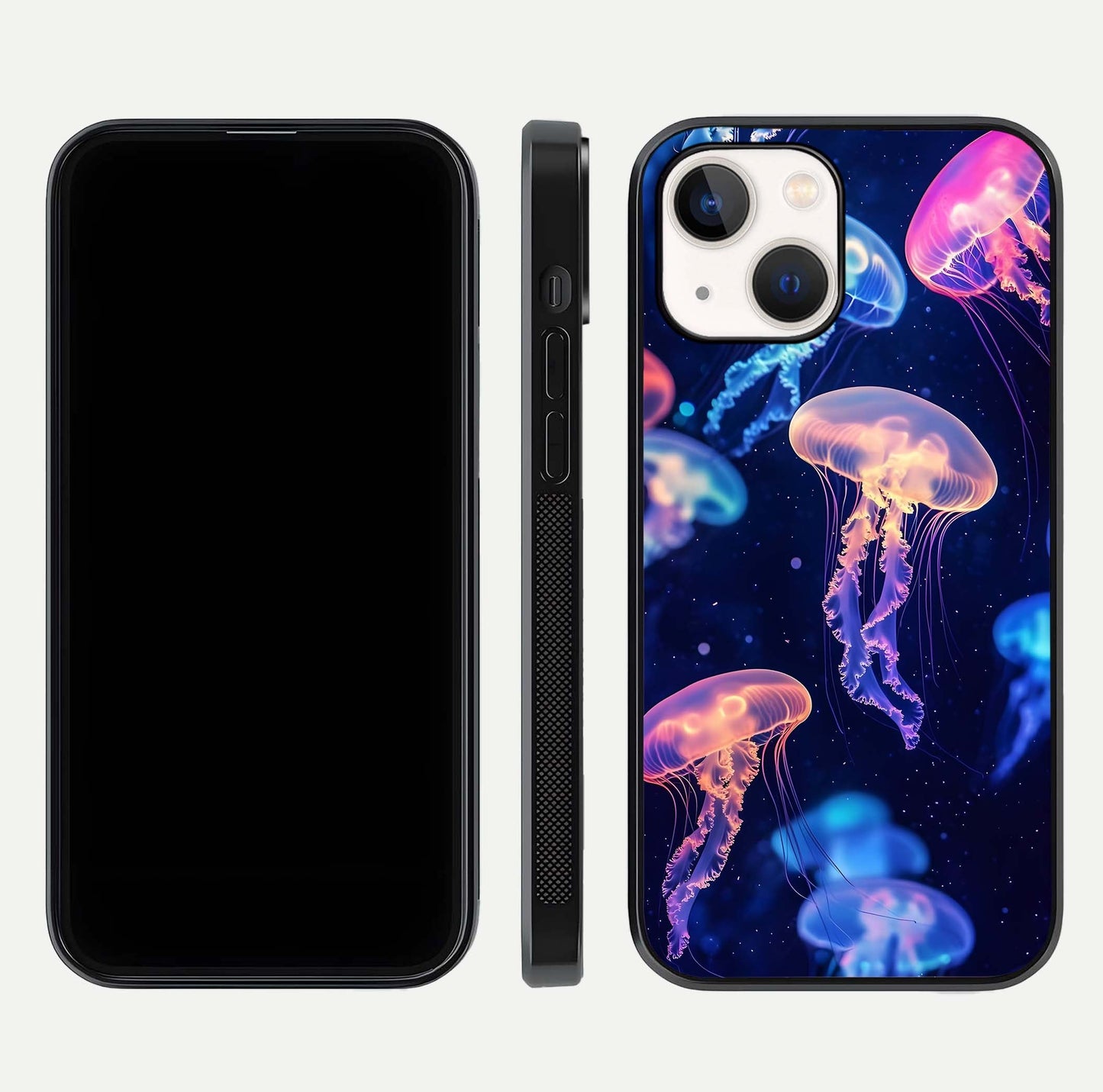 Jellyfish Pattern Glass Case for iPhone 14 front and back view layout highlighting aquatic tones and curved edges