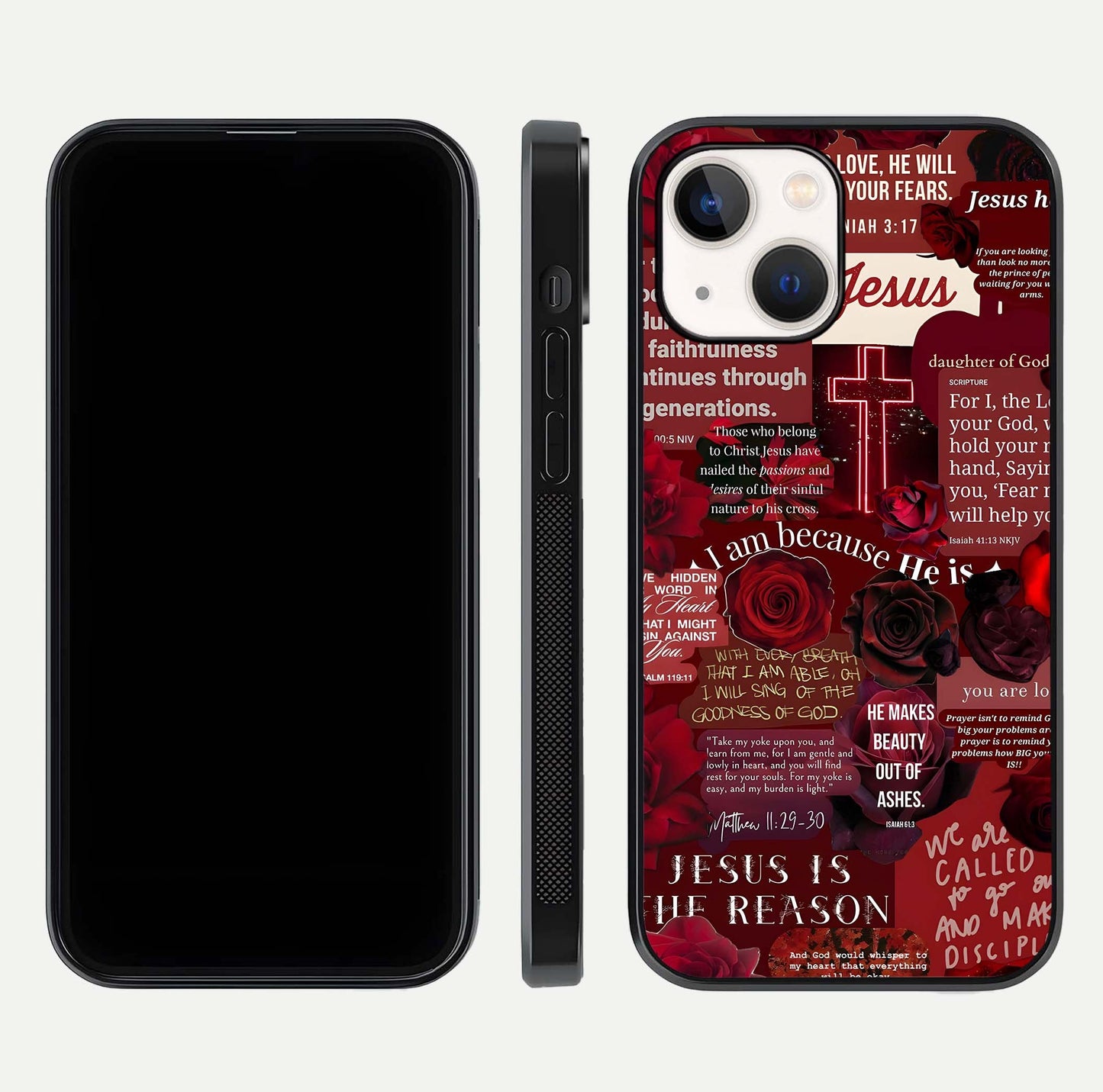 Jesus Love Heals Glass Case for iPhone 14 front and back view layout with elegant typography and smooth edges