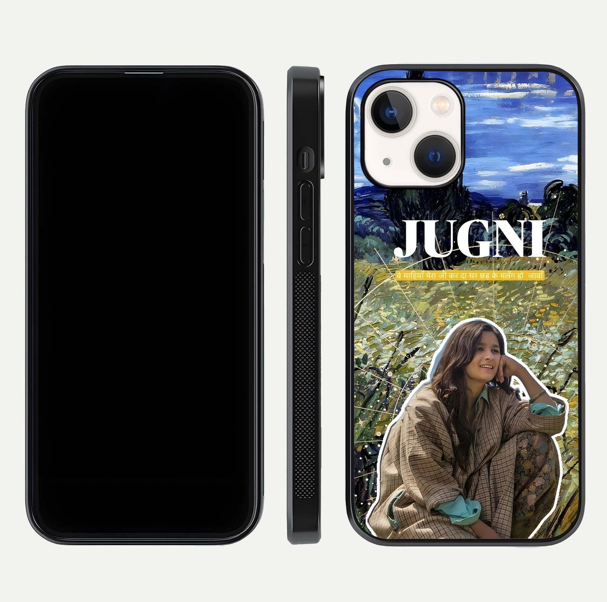 Jugni Soul Vibes Glass Case for iPhone 14 front and back view layout highlighting desi art and curved glass edges