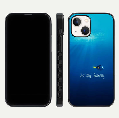 Just Keep Swimming Glass Case for iPhone 14 front and back view layout with smooth glass edges and HD text clarity