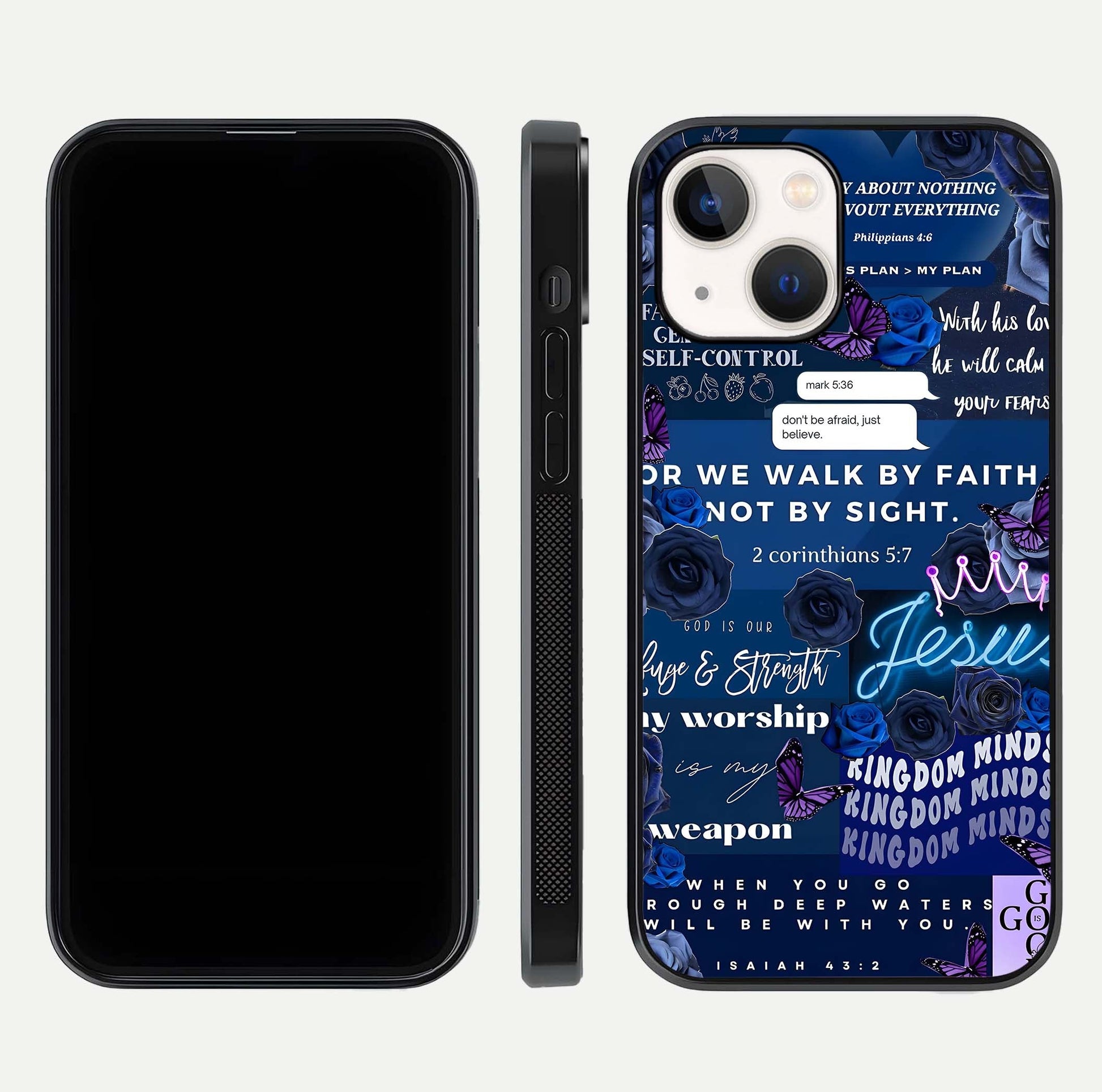 Kingdom Faith Glow Glass Case for iPhone 14 front and back view layout highlighting radiant spiritual design