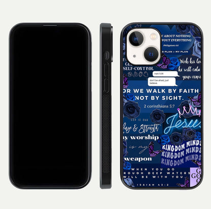 Kingdom Faith Glow Glass Case for iPhone 14 front and back view layout highlighting radiant spiritual design