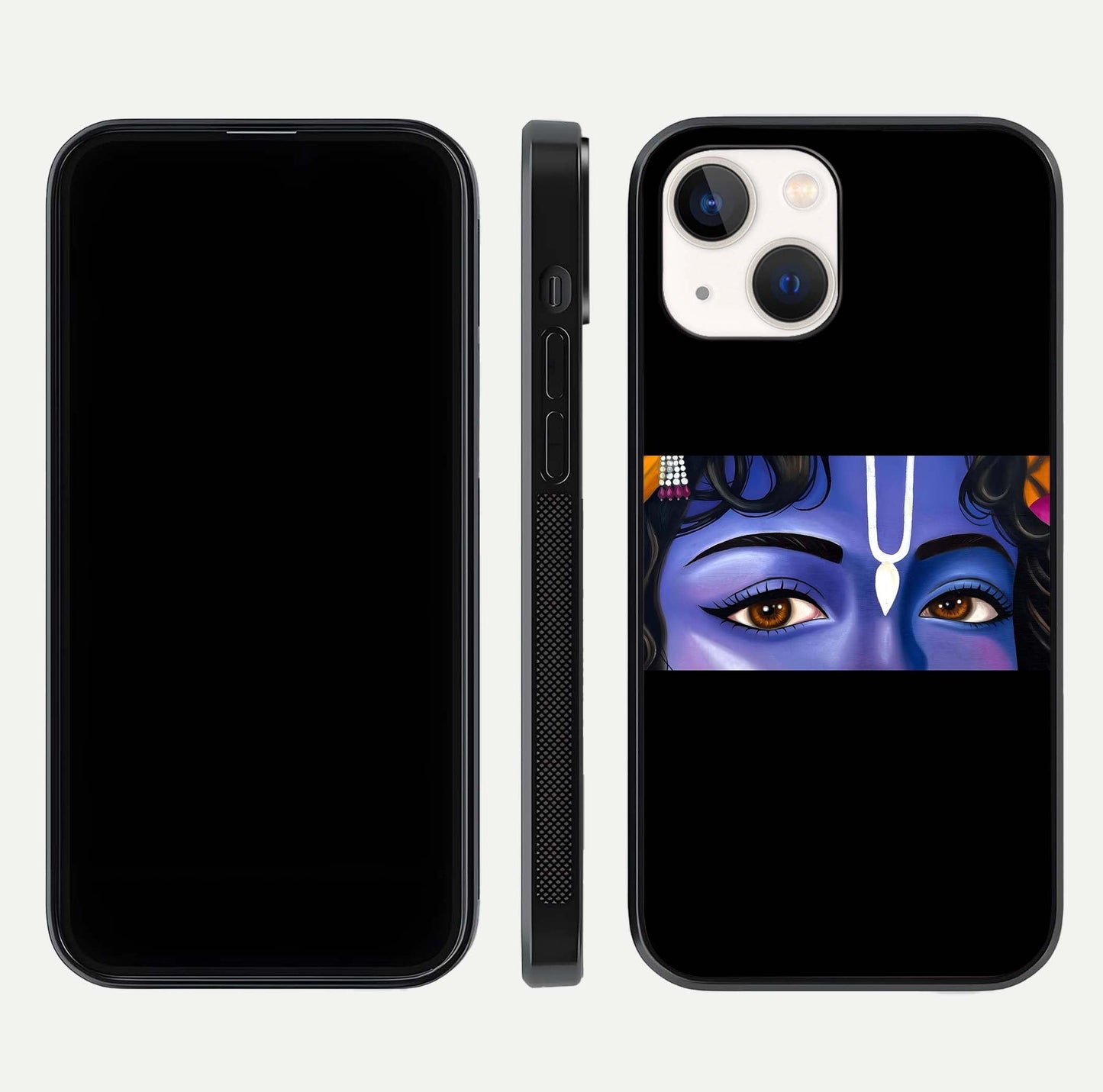 Krishna Eye Glass Case for iPhone 14 front and back view layout highlighting detailed spiritual motif