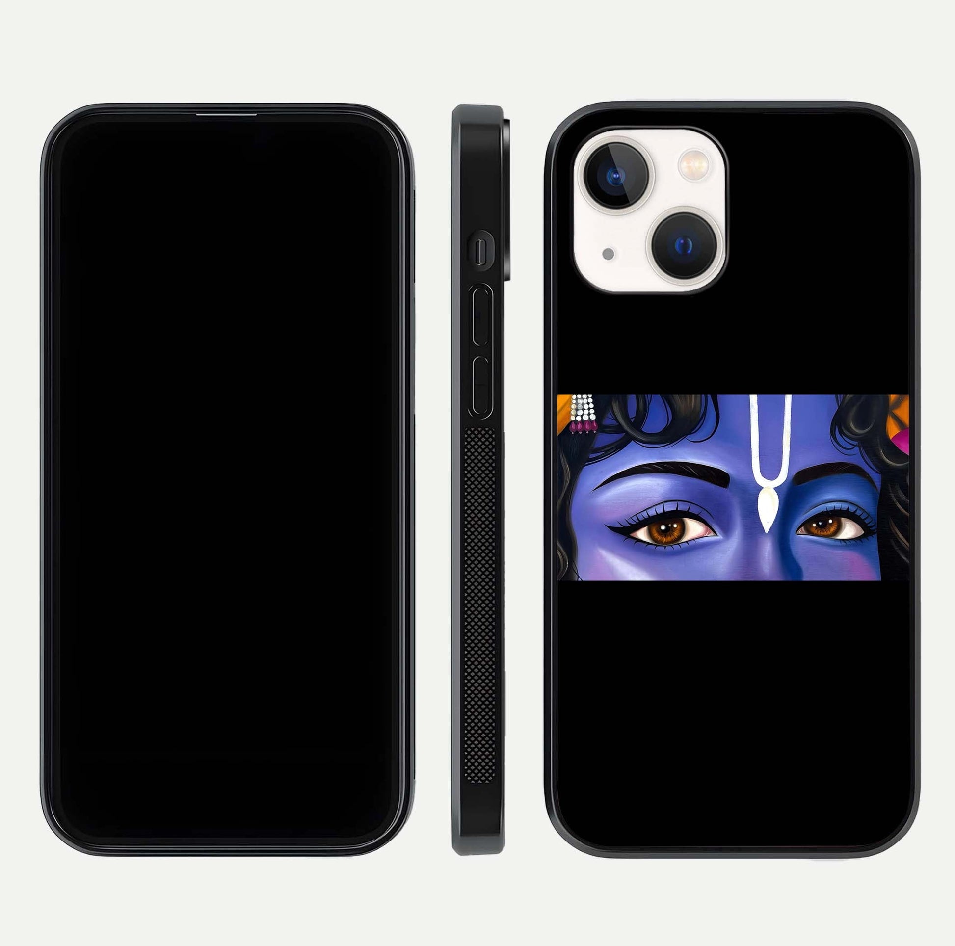 Krishna Eye Glass Case for iPhone 14 front and back view layout highlighting detailed spiritual motif