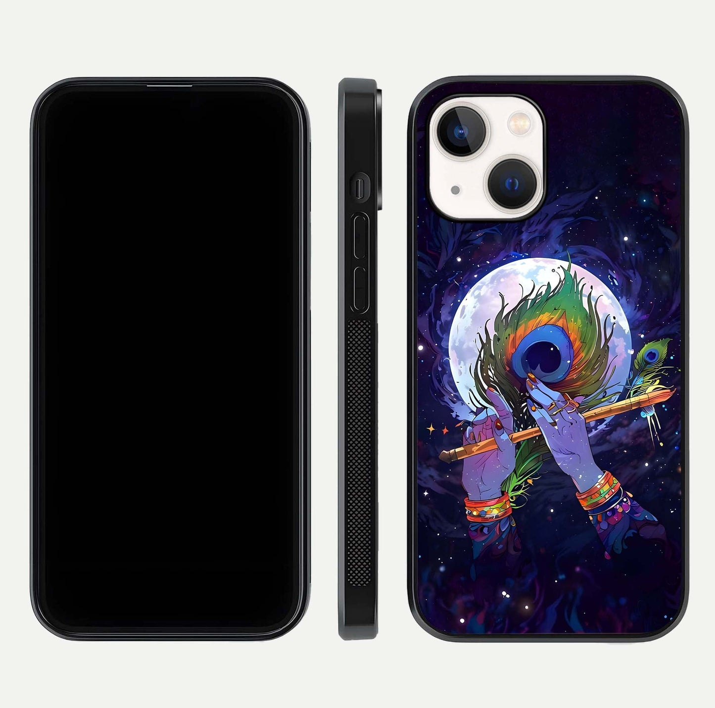 Krishna Hands Art Glass Case for iPhone 14 front and back view layout displaying soft edges and spiritual tones