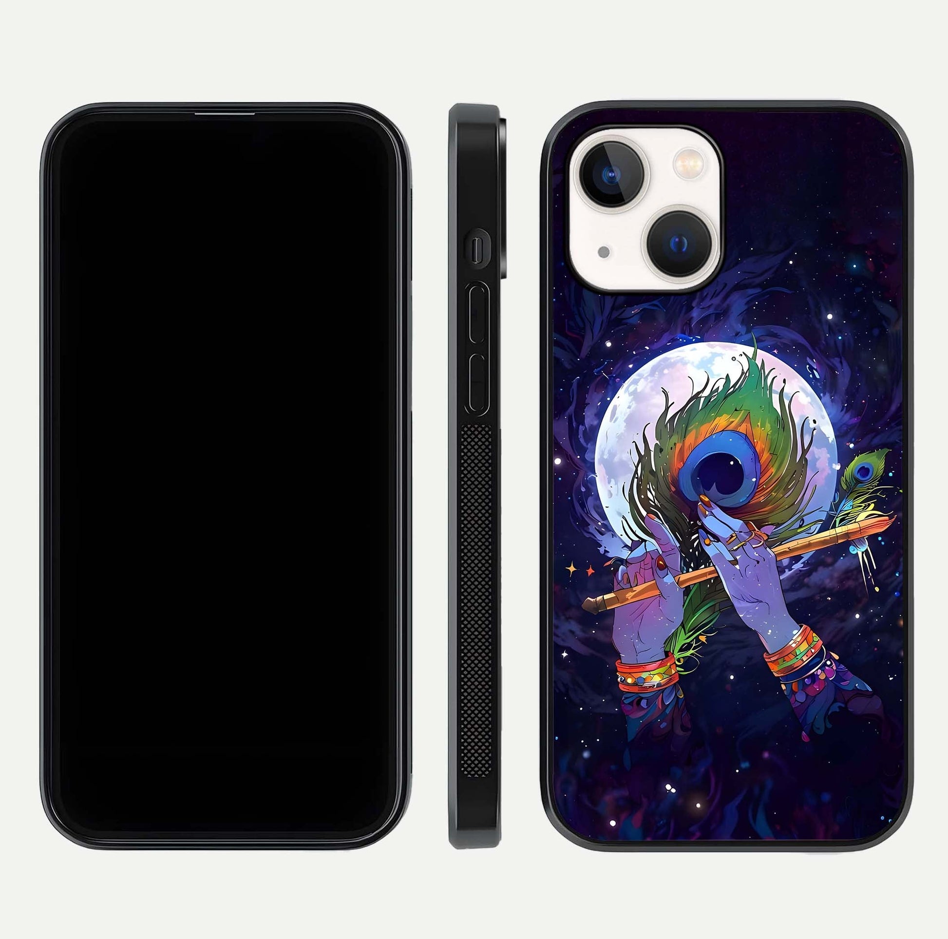 Krishna Hands Art Glass Case for iPhone 14 front and back view layout displaying soft edges and spiritual tones