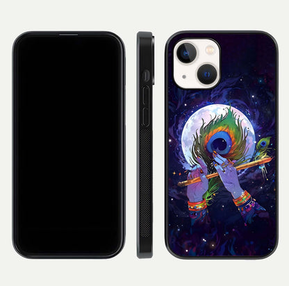 Krishna Hands Art Glass Case for iPhone 14 front and back view layout displaying soft edges and spiritual tones