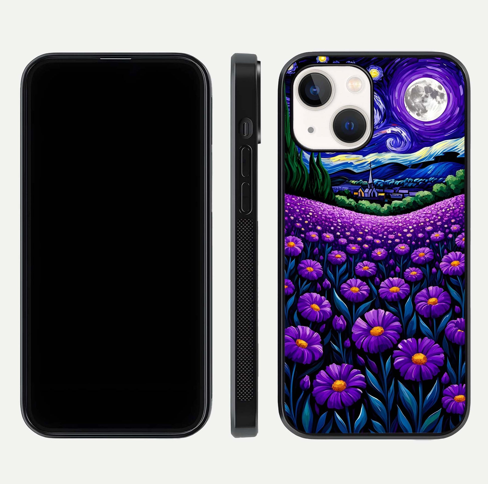 Lavender Moon Field Glass Case for iPhone 14 front and back view layout with soft gradient and curved edges