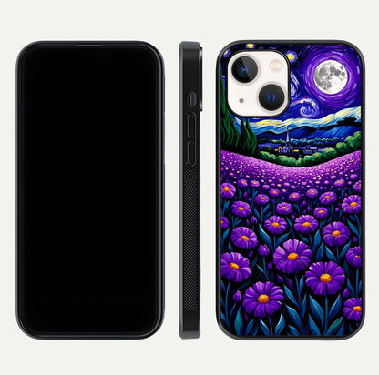 Lavender Moon Field Glass Case for iPhone 14 front and back view layout with soft gradient and curved edges