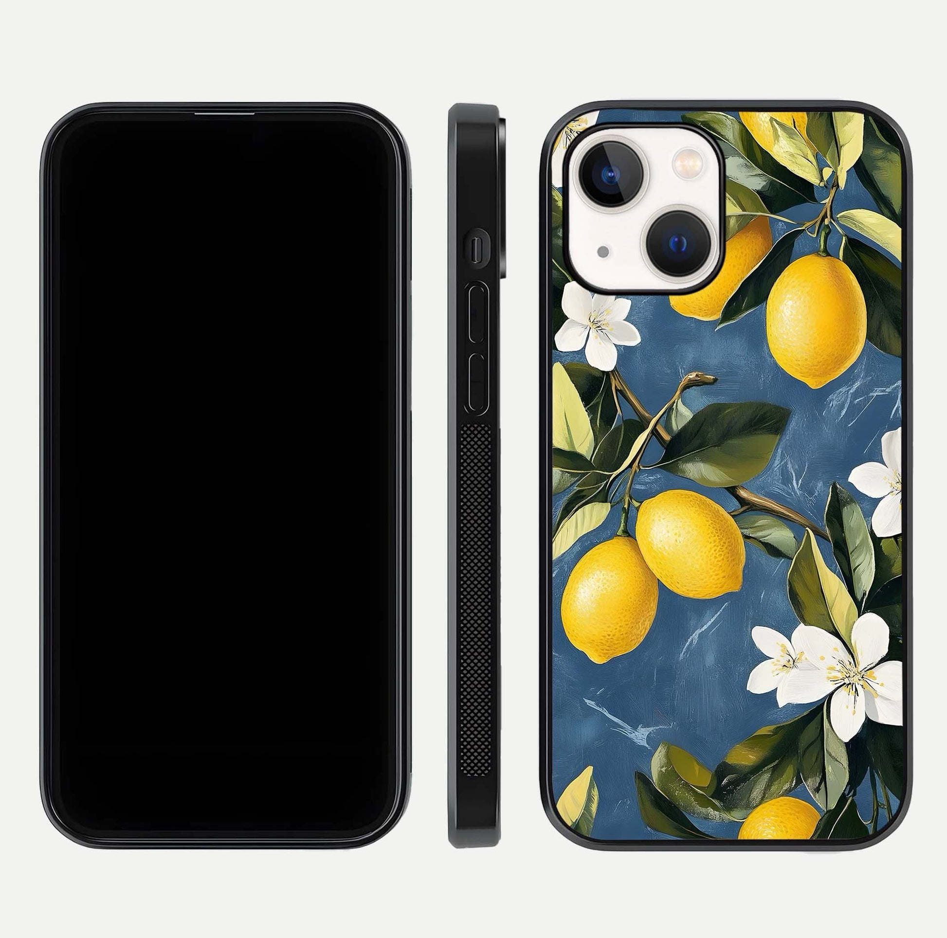 Lemon Dream Garden Glass Case for iPhone 14 front and back view layout highlighting garden tones and edges