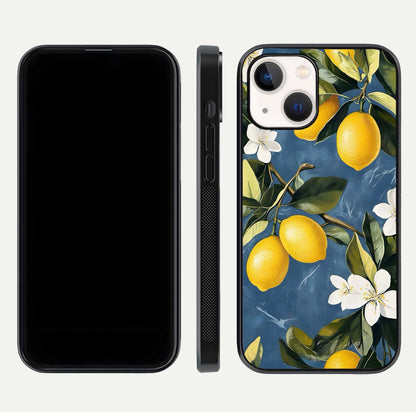 Lemon Dream Garden Glass Case for iPhone 14 front and back view layout highlighting garden tones and edges