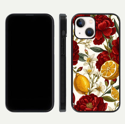 Lemon Rose Charm Glass Case for iPhone 14 front & back layout highlighting soft yellow tones and curved edges
