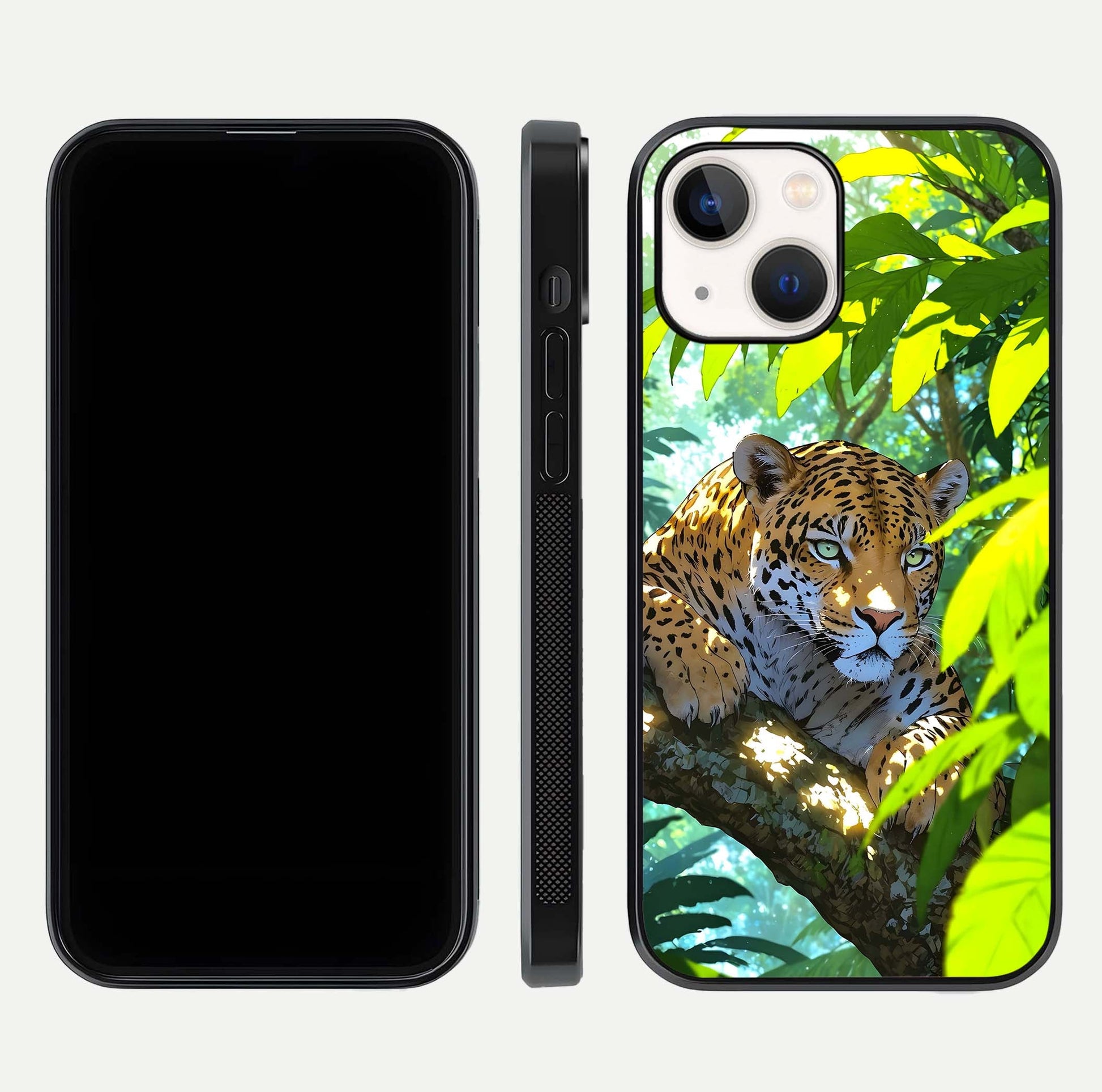 Leopard in Jungle Glass Case for iPhone 14 front & back layout with premium edge detailing and vivid jungle art