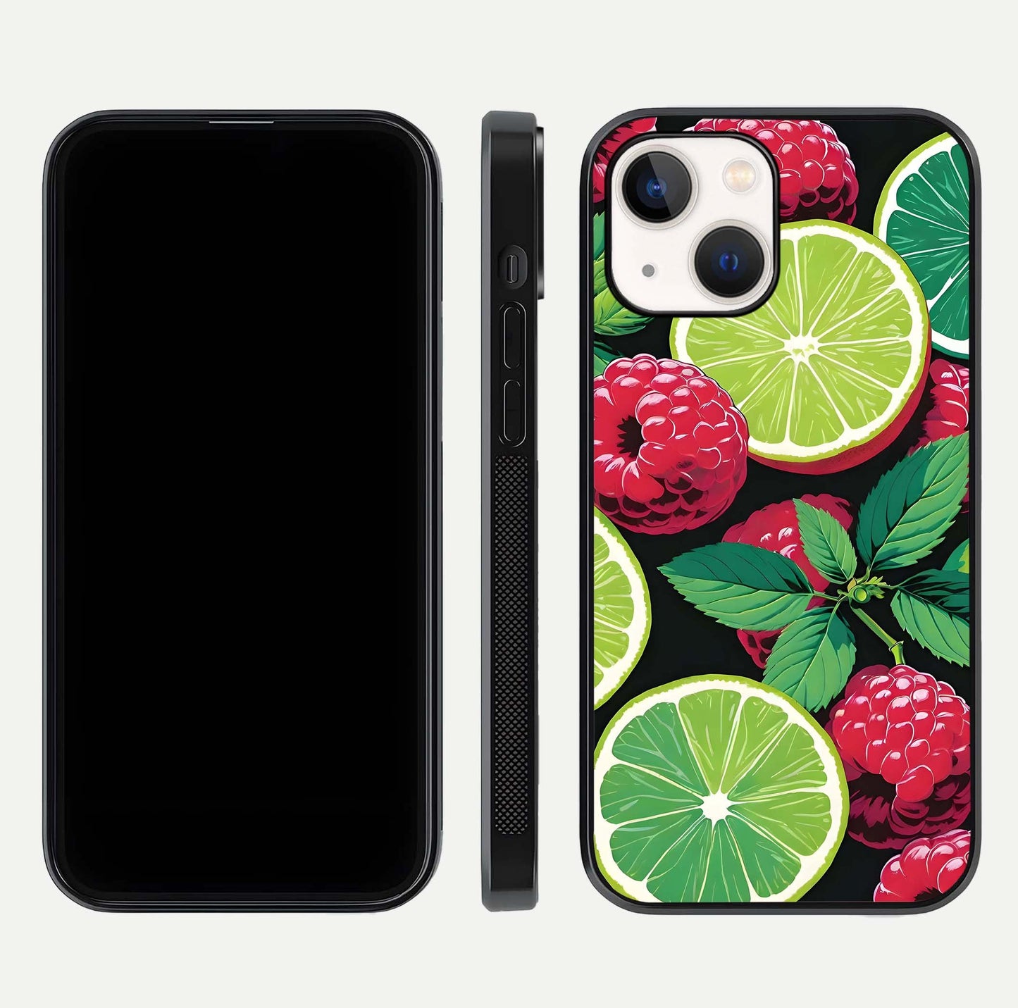 Lime and Raspberry Pattern Glass Case for iPhone 14 front & back layout highlighting fresh summer tones