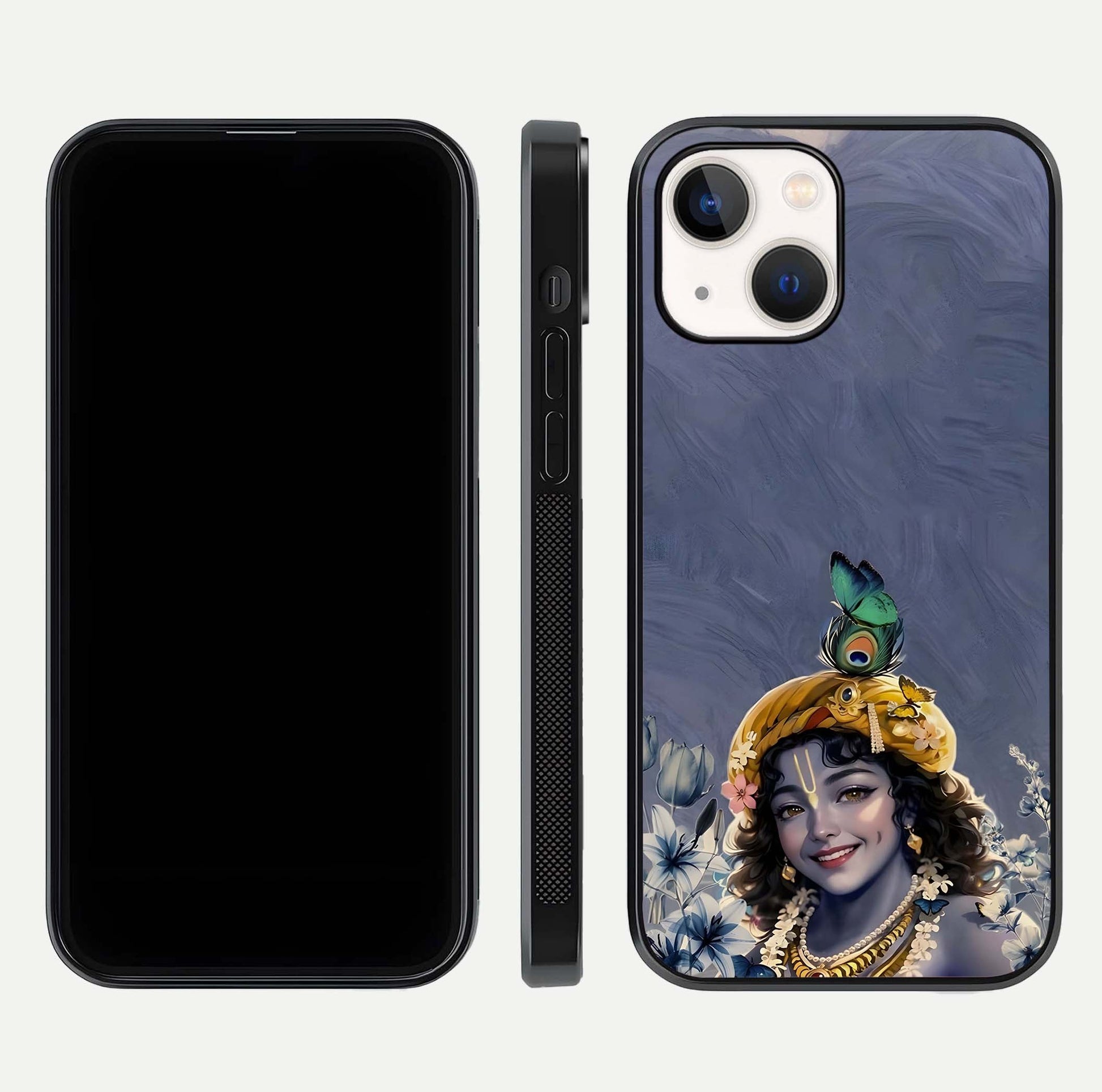 Lord Krishna Glass Case for iPhone 14 front & back layout displaying soft tones and elegant edges