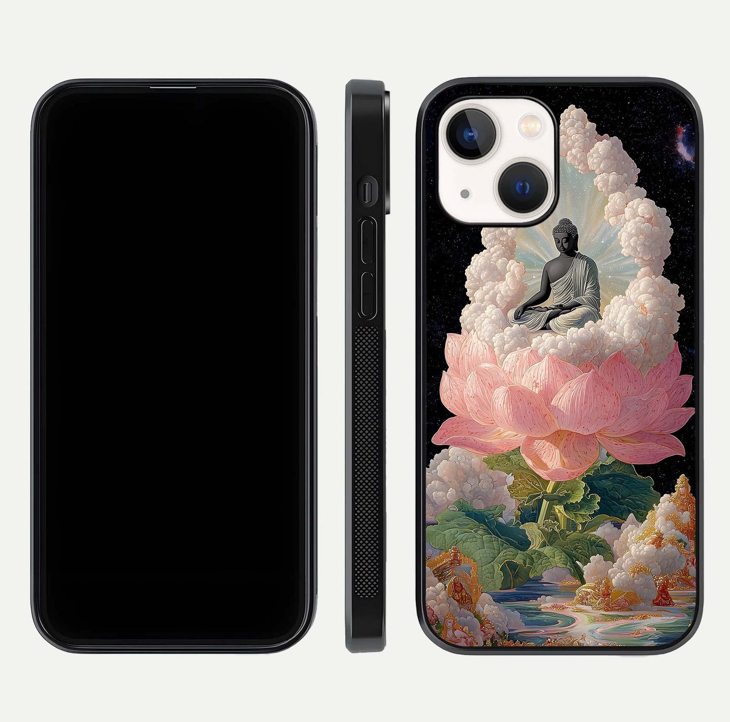 Lotus Divine Peace Glass Case for iPhone 14 front & back layout highlighting soft pink hues and curved edges