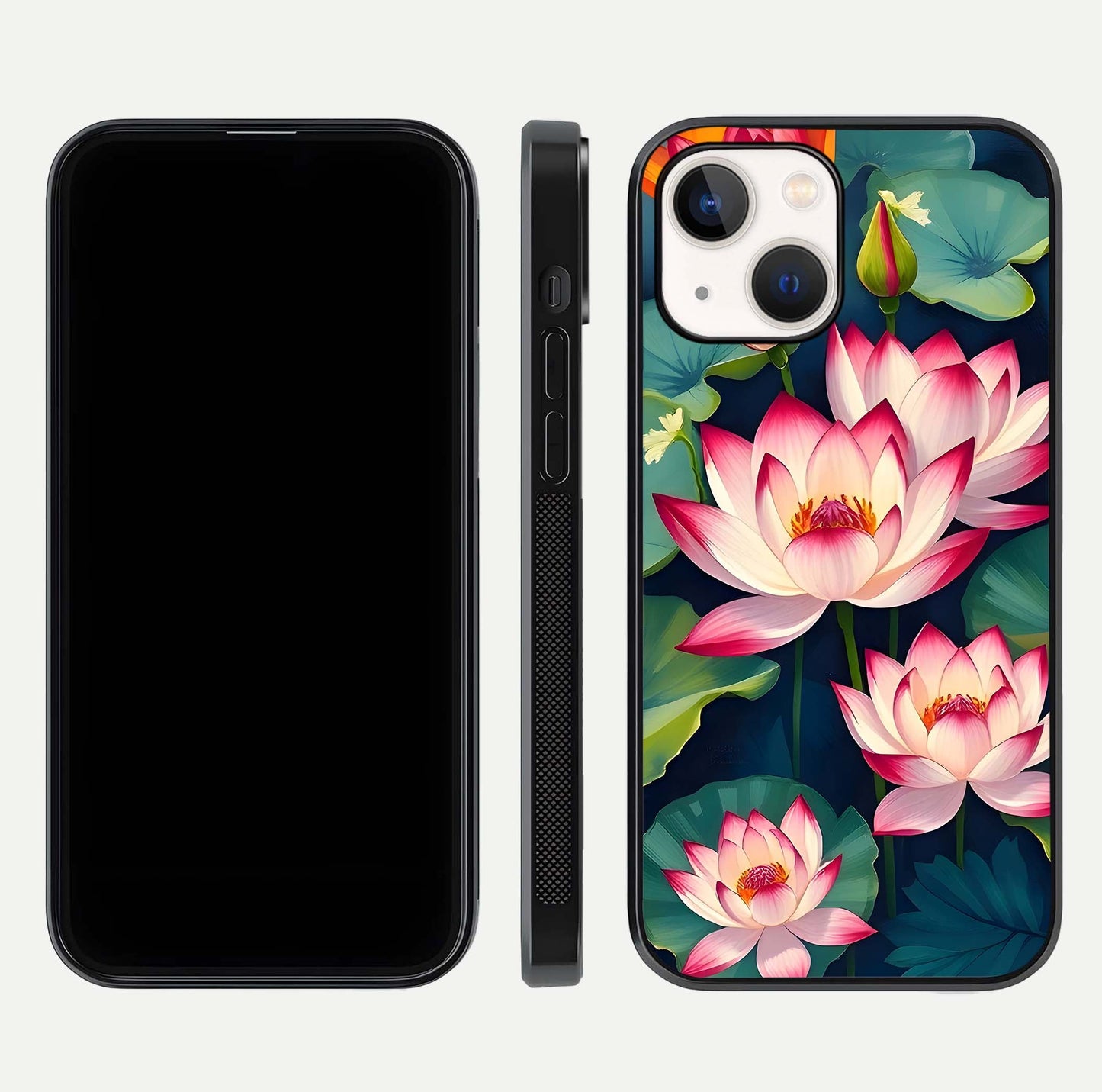 Lotus Dream Serenity Glass Case for iPhone 14 front & back layout with elegant finish and edge curve