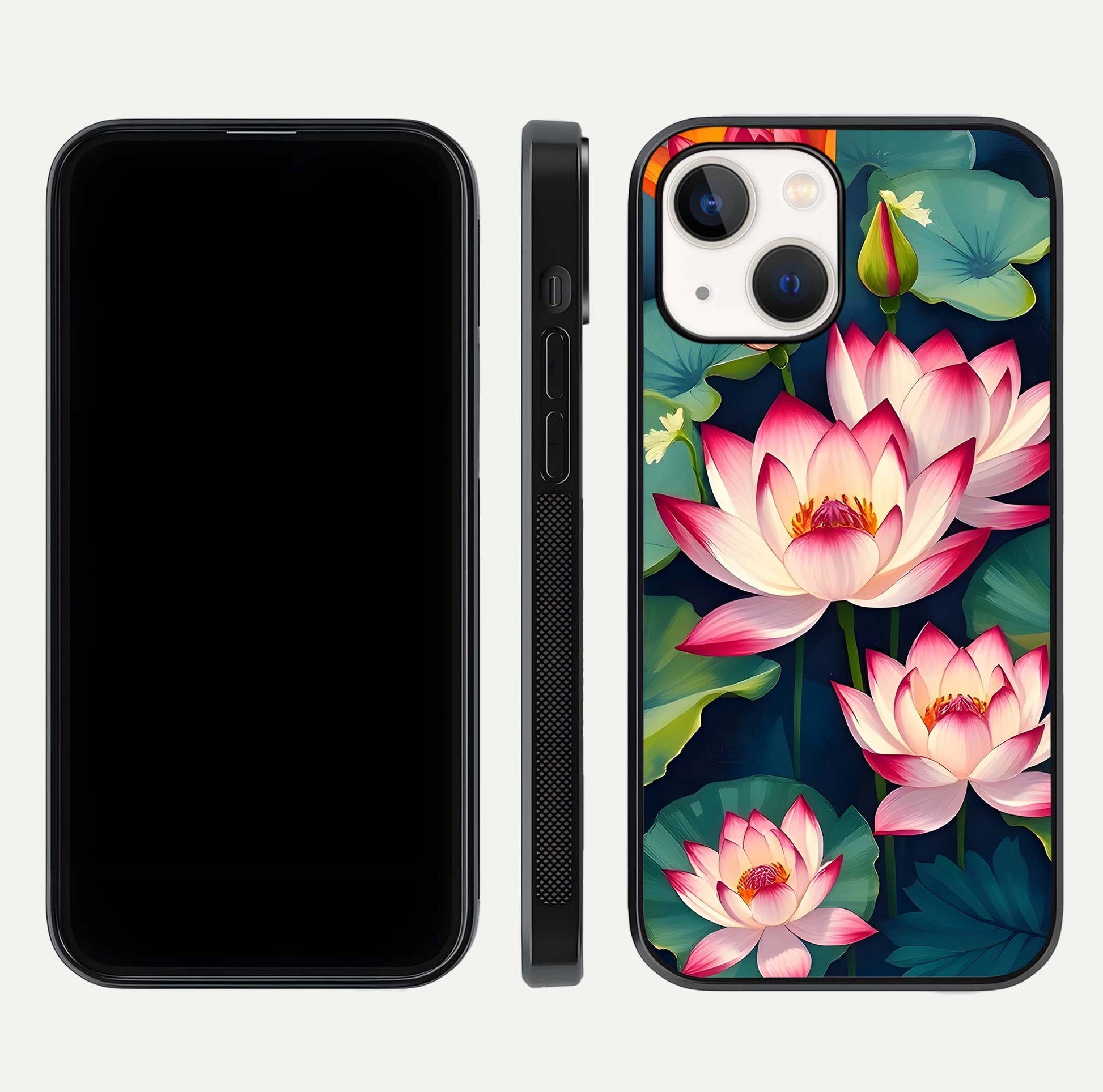 Lotus Dream Serenity Glass Case for iPhone 14 front & back layout with elegant finish and edge curve