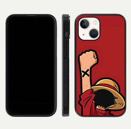 Luffy X Spirit Glass Case for iPhone 14 front & back layout displaying anime theme and curved edges