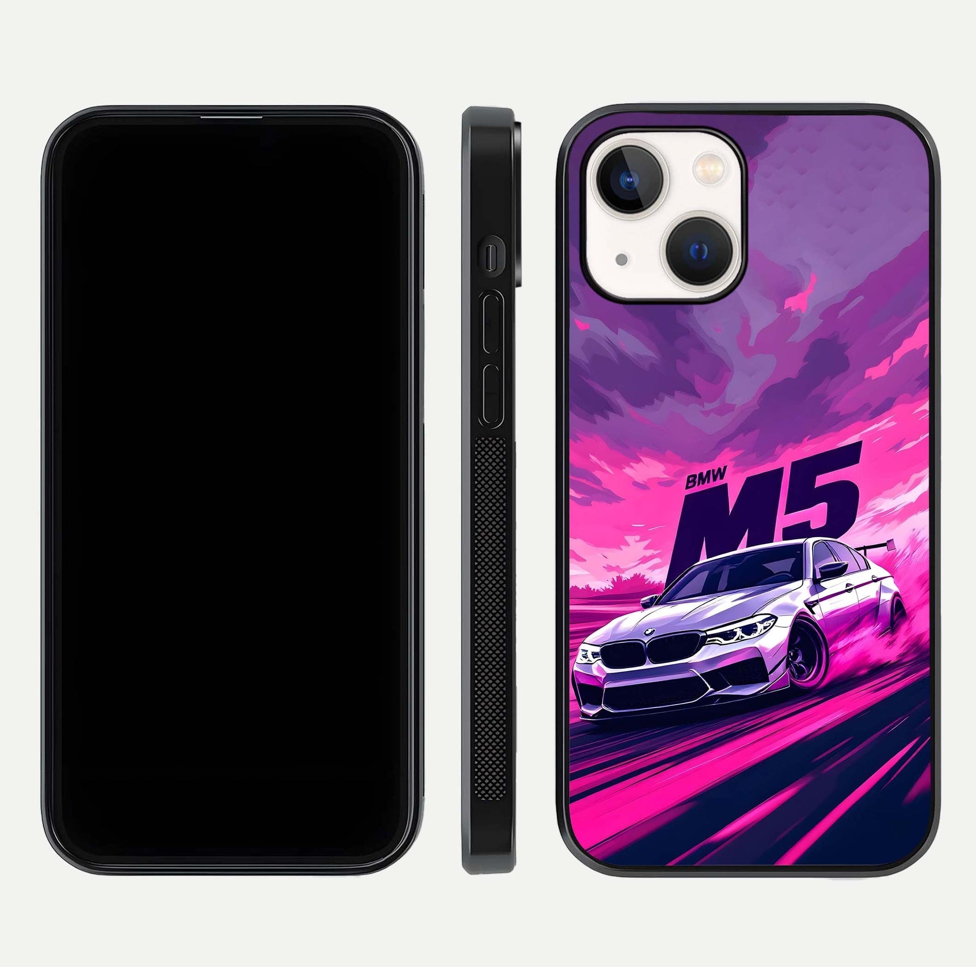MS Neon Car Glass Case for iPhone 14 front & back layout highlighting automotive art and curved design
