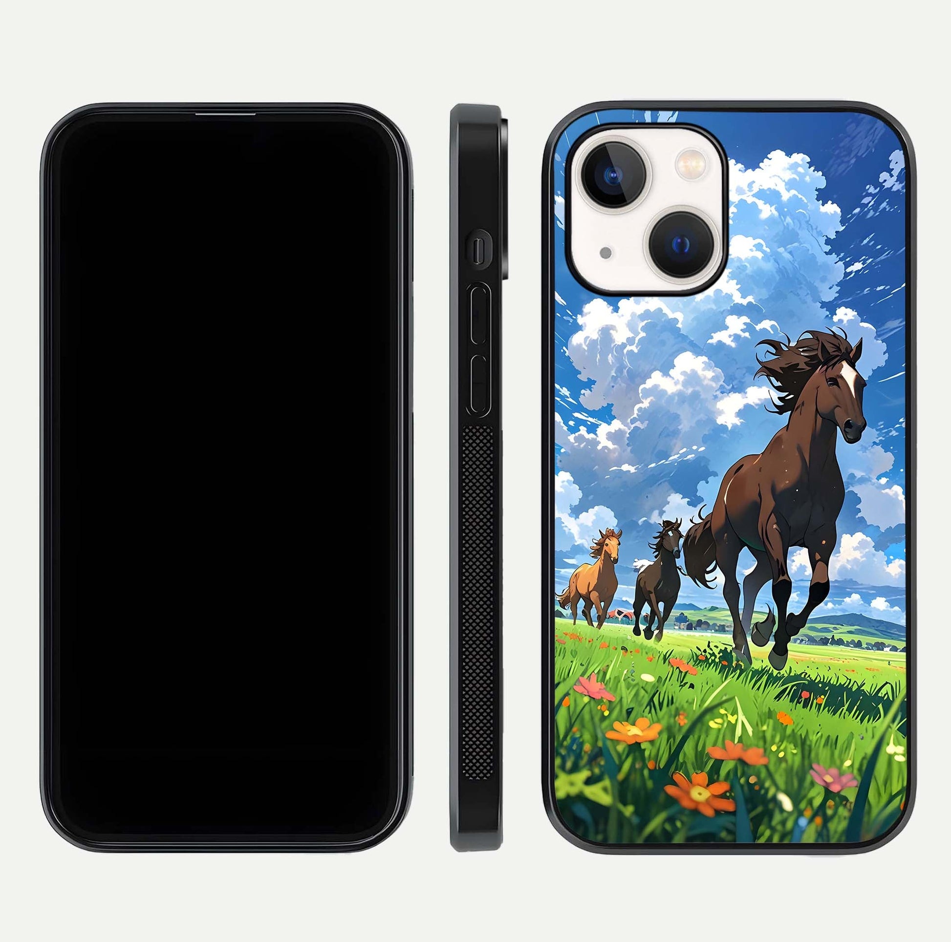 Majestic Horses Galloping Glass Case for iPhone 14 front & back layout highlighting dynamic design and edges