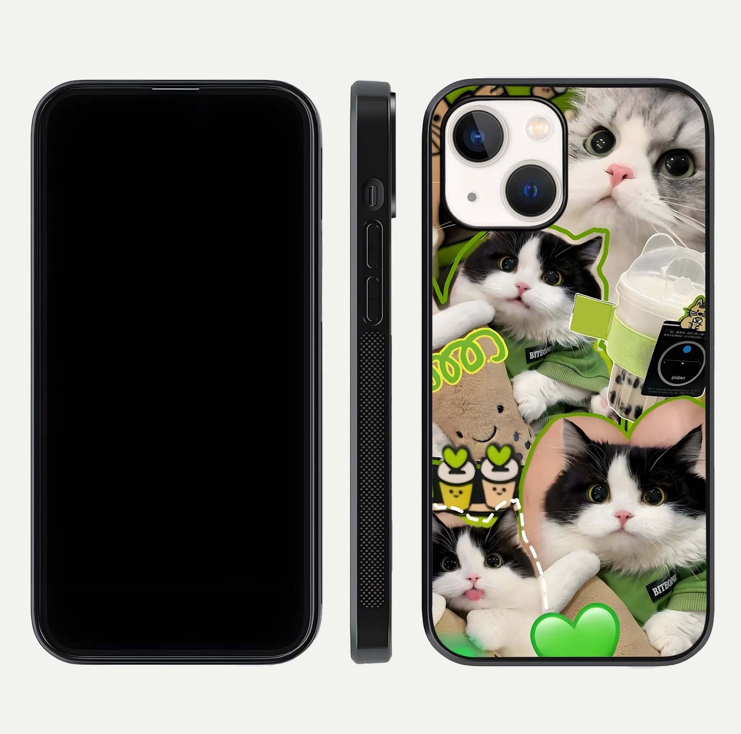 Matcha Cats Mood Glass Case for iPhone 14 front & back layout highlighting cute theme and smooth edges