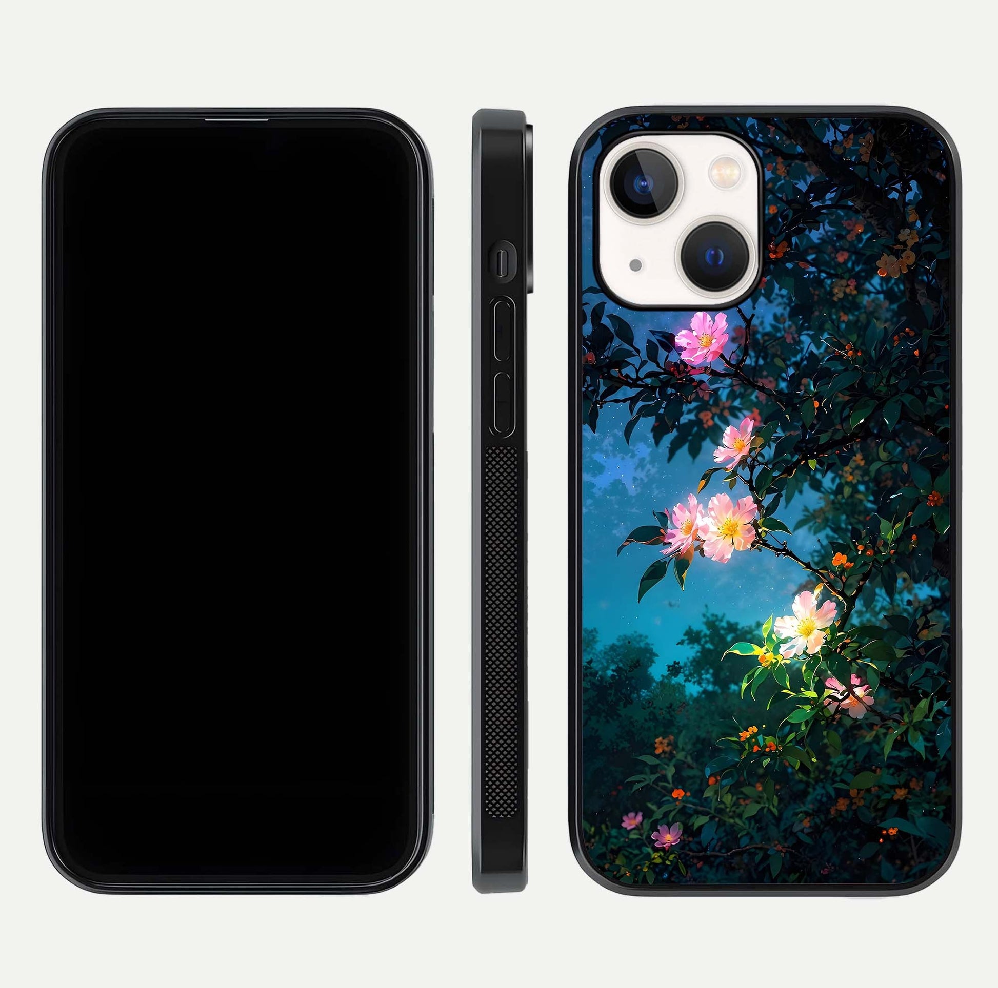 Midnight Bloom Glow Glass Case for iPhone 14 front & back layout highlighting moody tones and smooth finish