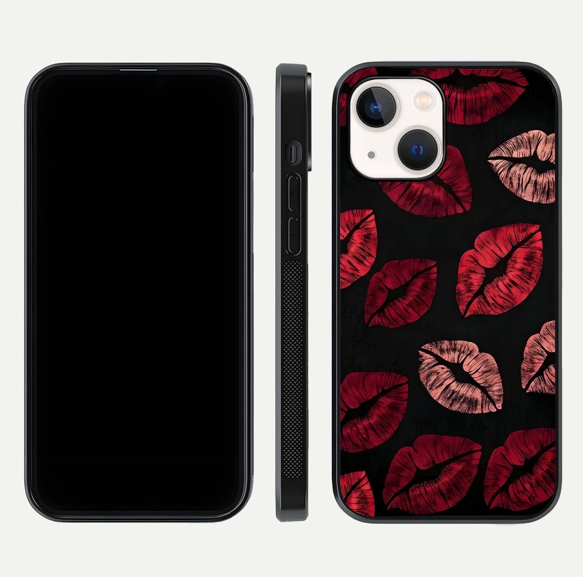 Midnight Kiss Love Glass Case for iPhone 14 front & back view layout showing romantic theme and smooth curves
