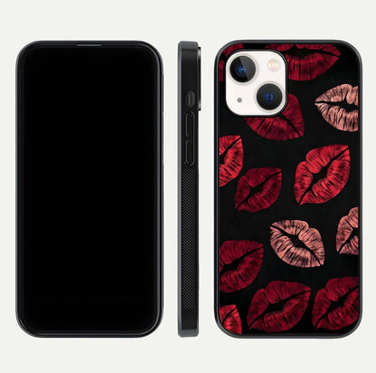 Midnight Kiss Love Glass Case for iPhone 14 front & back view layout showing romantic theme and smooth curves