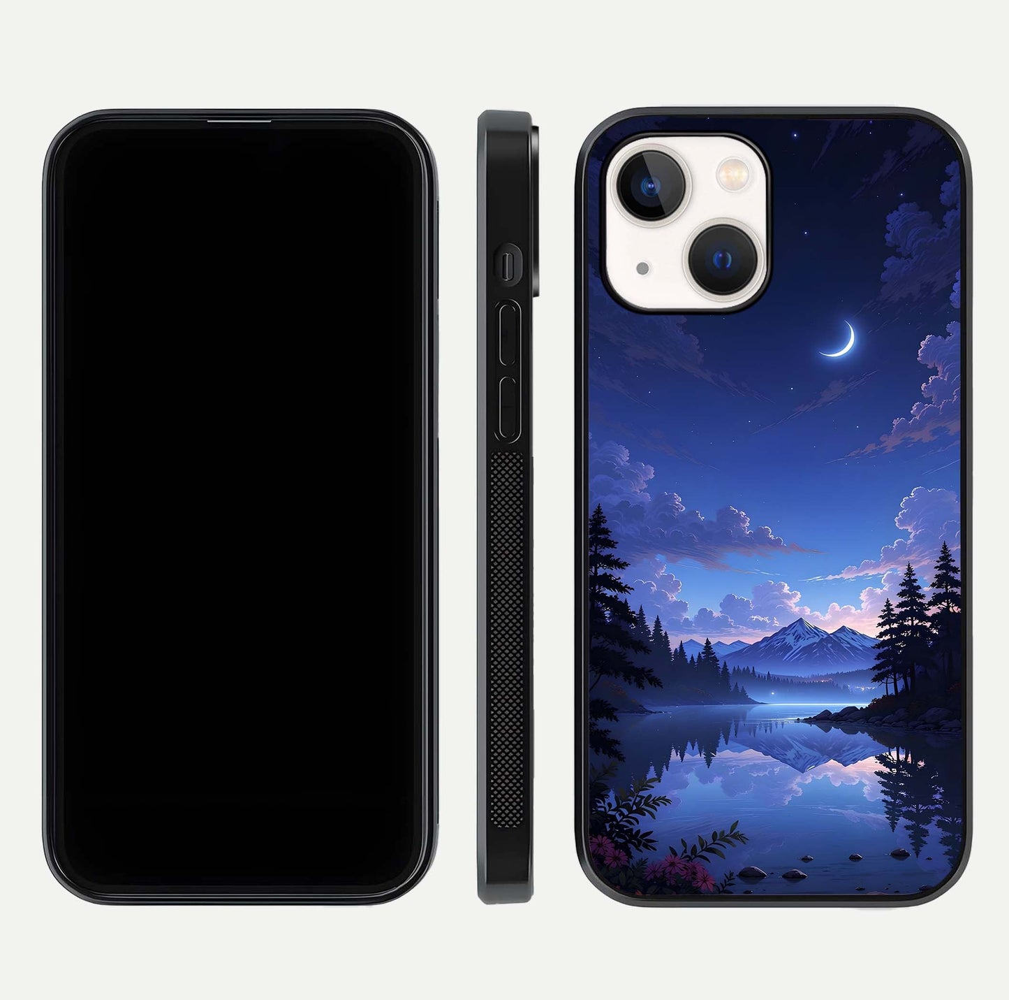 Midnight Lake Peace Glass Case for iPhone 14 front & back layout highlighting calm design and curved edges