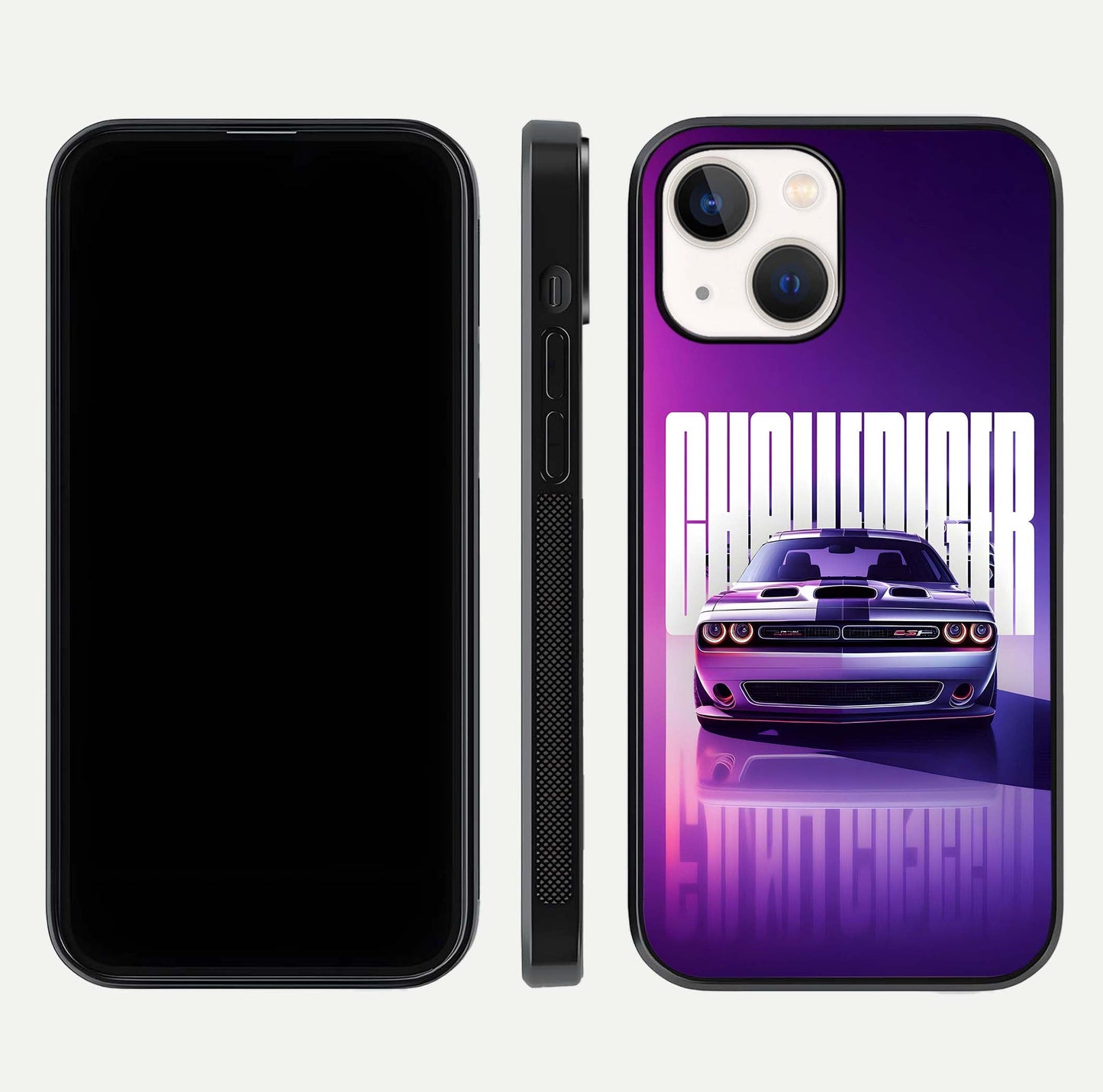 Midnight Muscle Ride Glass Case for iPhone 14 front & back layout with dark automotive tones and edges