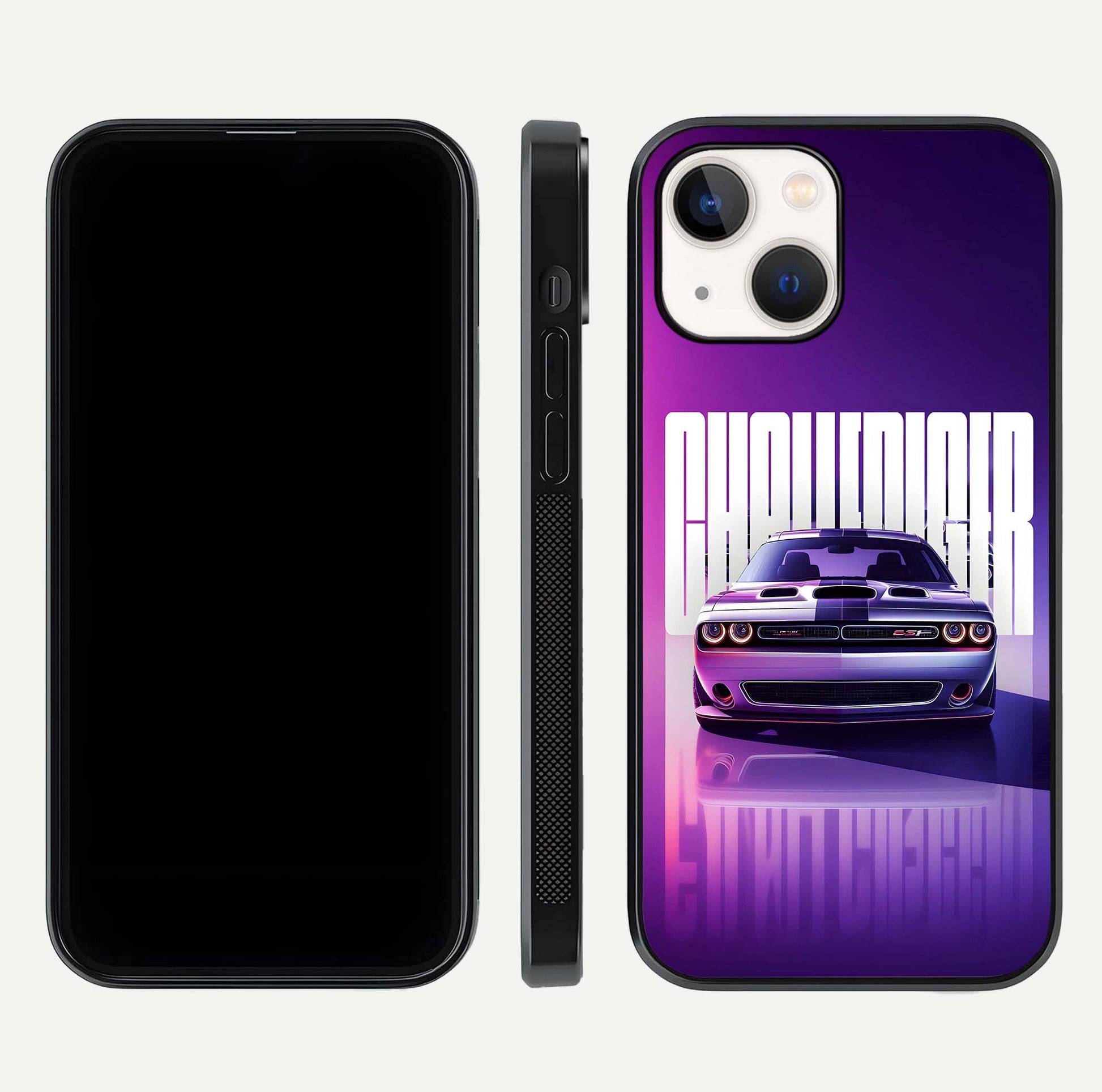 Midnight Muscle Ride Glass Case for iPhone 14 front & back layout with dark automotive tones and edges