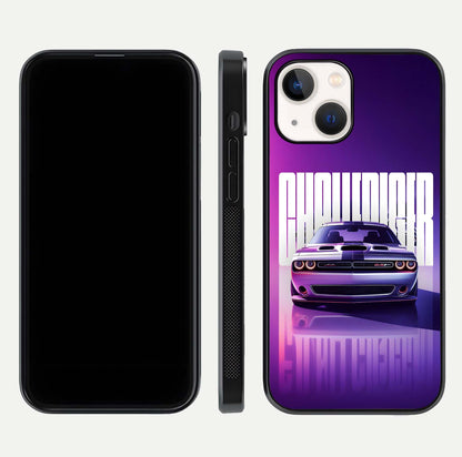Midnight Muscle Ride Glass Case for iPhone 14 front & back layout with dark automotive tones and edges