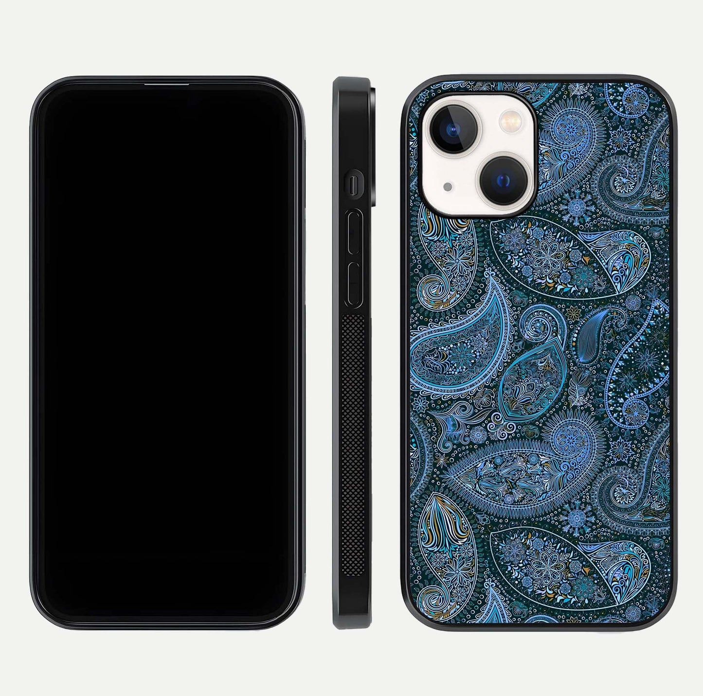 Midnight Paisley Glow Glass Case for iPhone 14 front & back layout highlighting elegant edge finish