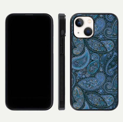 Midnight Paisley Glow Glass Case for iPhone 14 front & back layout highlighting elegant edge finish