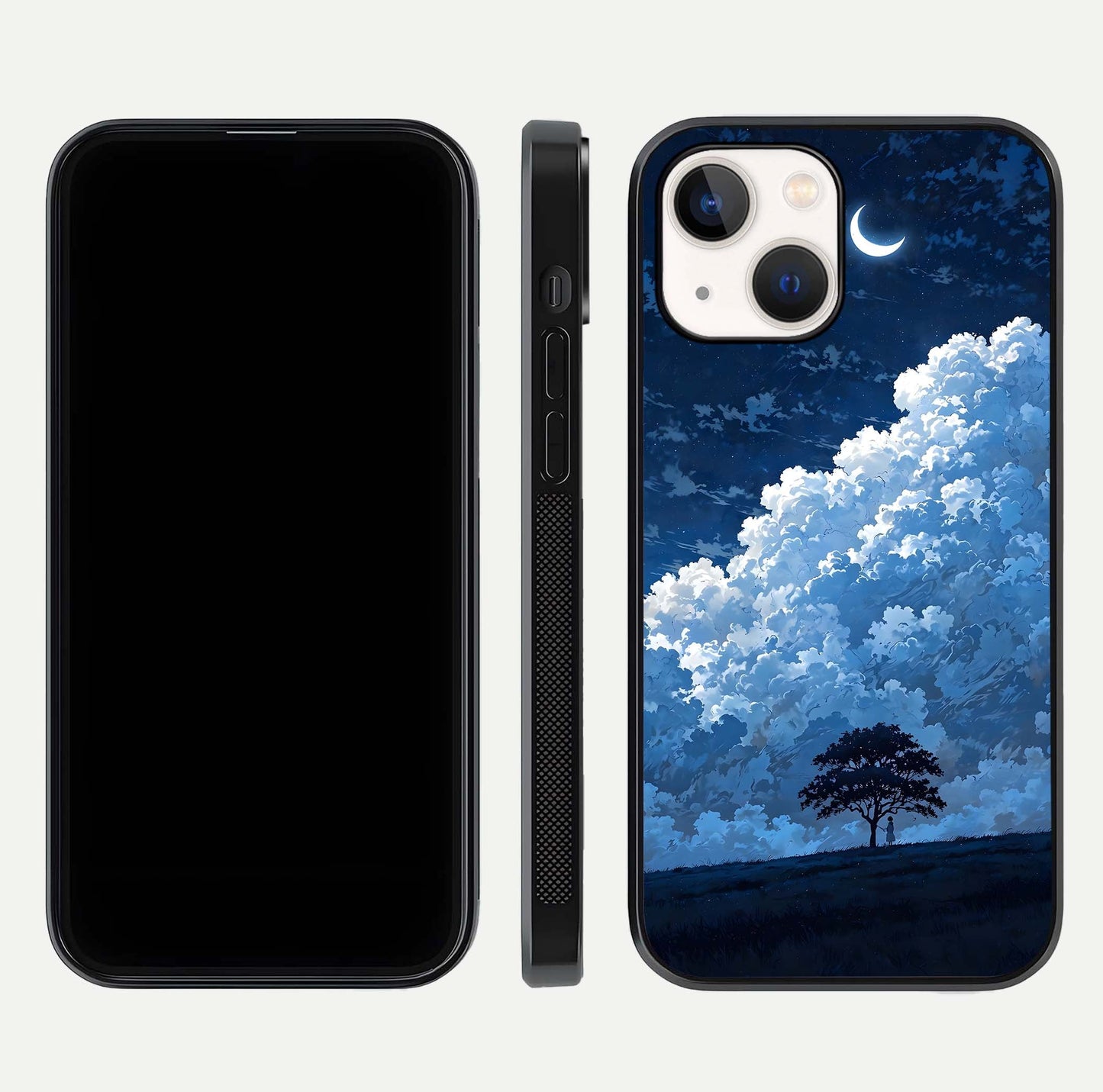 Midnight Sky Serenity Glass Case for iPhone 14 front & back layout highlighting celestial art and curves